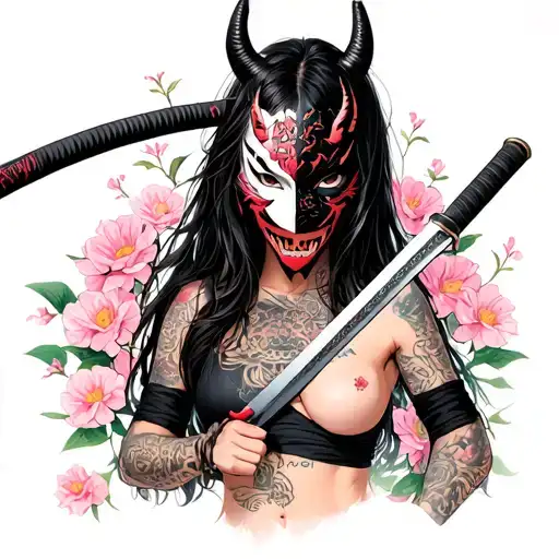 a girl, with a demon mask on half her face, holding a katana, pink flowers around her tattoo design idea