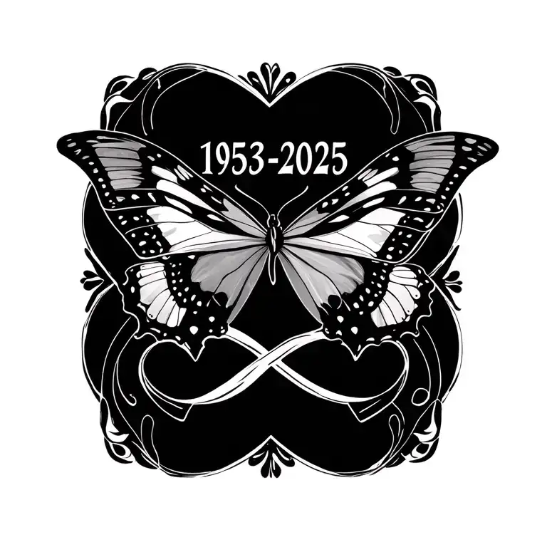 "1953-2025" infinity symbol, three butterfly and five heart made tattoo design idea