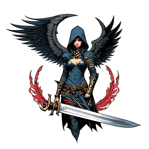 woman warrior sword winged hood tattoo design idea