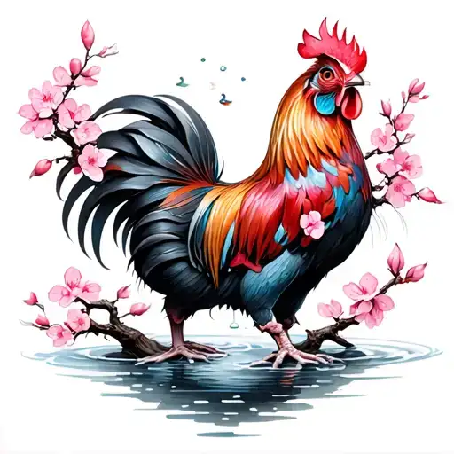 Cherry blossom tree that ties in a Chinese zodiac rat and rooster with metal elements and water elements. Black and gray tattoo design idea
