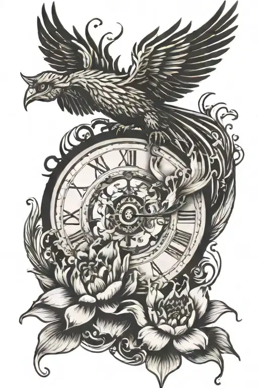 A crown on top of a fragmented clock combined with a lotus flower and a phoenix in a vertical manner tattoo design idea