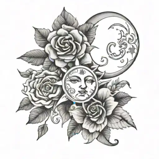 sun and moon themed tattoo in rose garden tattoo design idea