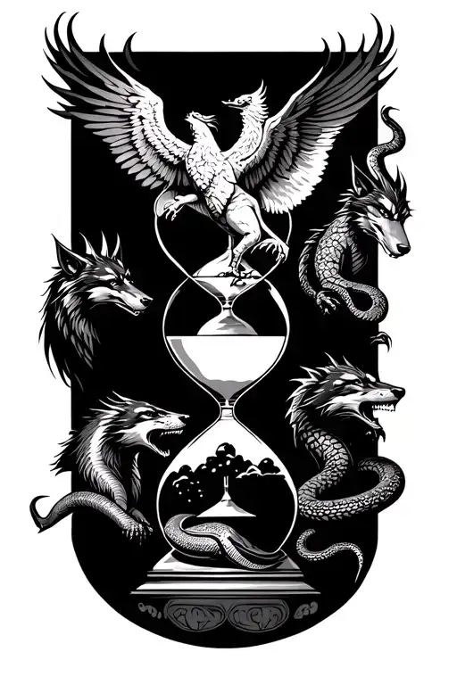 hourglass centrepeice with a phoenix, dragons, wolf, snakes and a honeybadger surrounding it with a full moon background tattoo design idea