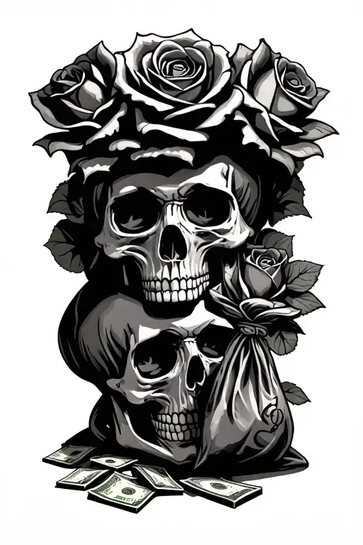 urban hustler counting money money bags roses skulls  tattoo design idea