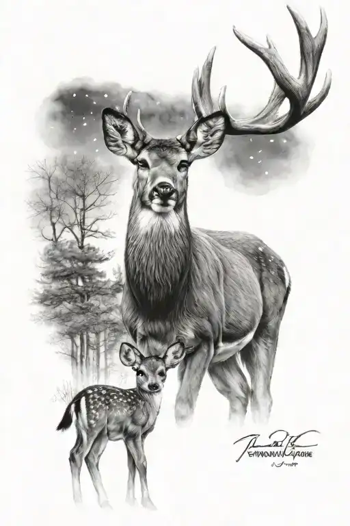 A dad deer standing behind a baby buck and baby doe night sky tattoo design idea