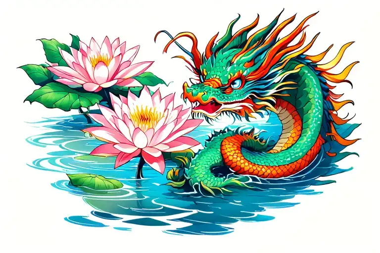 vietnamese dragon and water lilly tattoo design idea