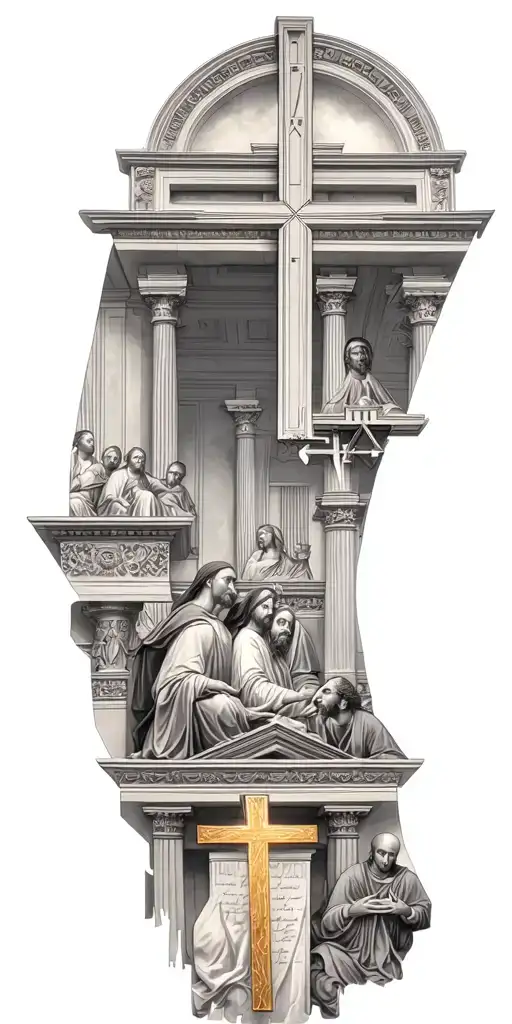 The inside of a catholic church with an upside down cross and the last supper  tattoo design idea