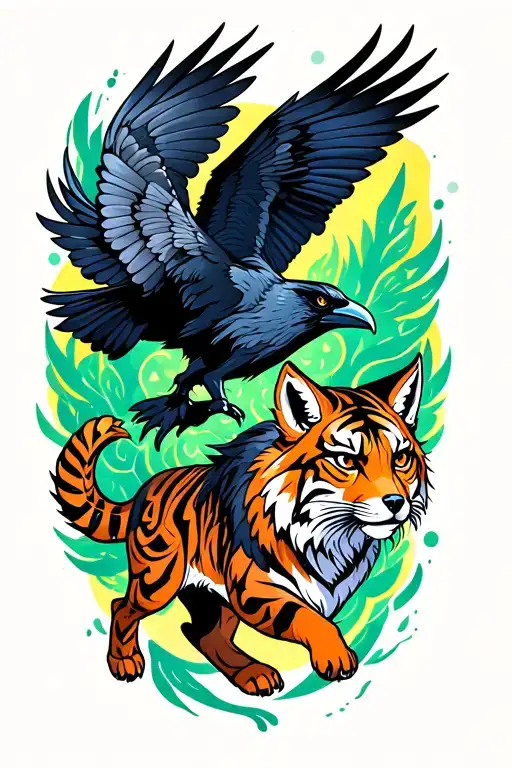 colorful celtic-style flying raven, tiger running, and fox standing wrapped around the forearm tattoo design idea