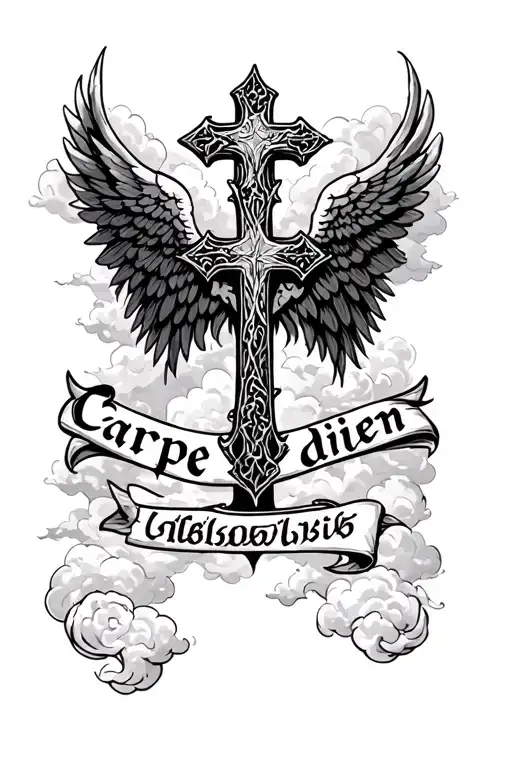 gothic cross with spread angel wings, under that, "carpe diem" in sharp cursive font with cloud shading tattoo design idea