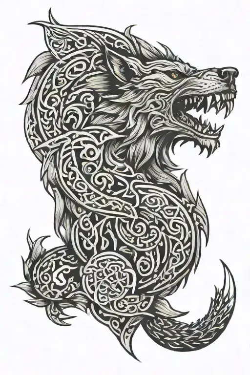 angry fenrir with runes wrapping, nordic, black and grey, with not allot of black, gemini zodiac tattoo design idea