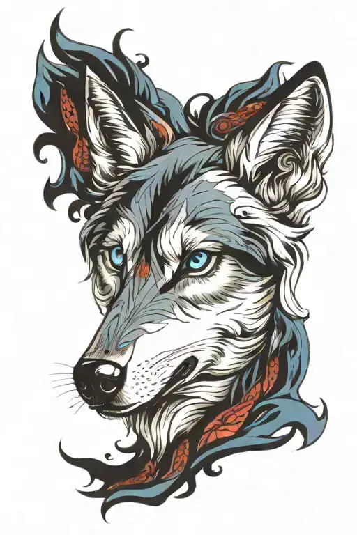 Wolf blue eyes surrounded tattoo design idea