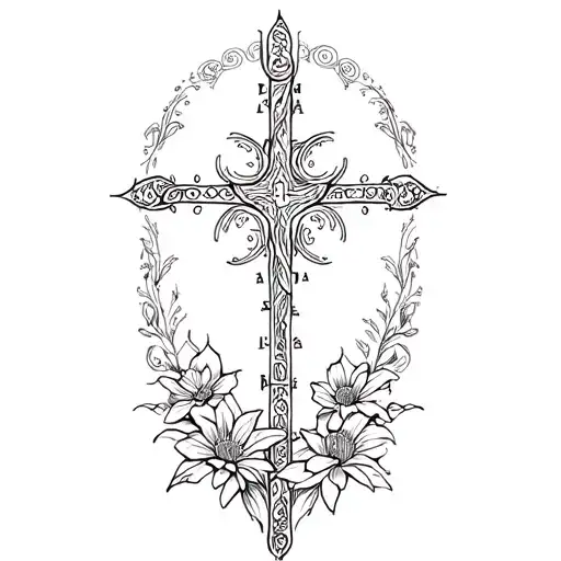 the words: alaha ilé raba, the cross of god, flowers tattoo design idea