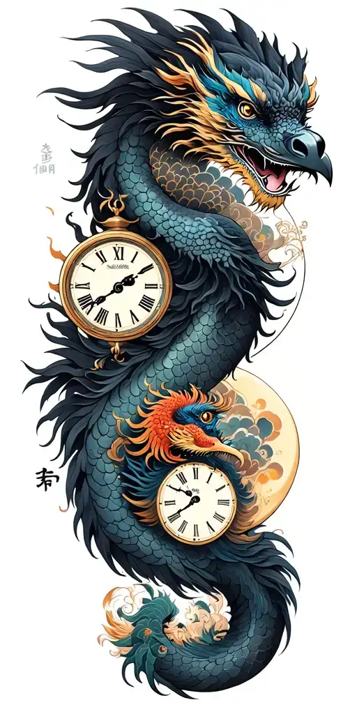 Chinese dragon and phoenix and clock and moon and raven tattoo design idea