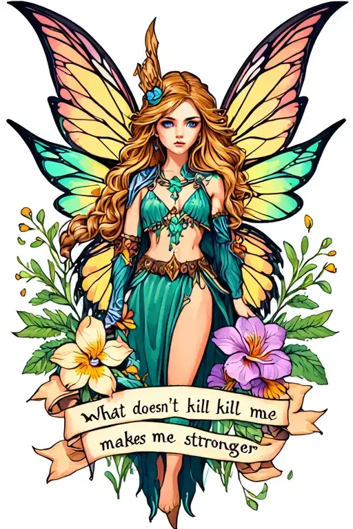 a warrior fairy, with ribbon that says "what doesn't kill me, makes me stronger" with freesias tattoo design idea
