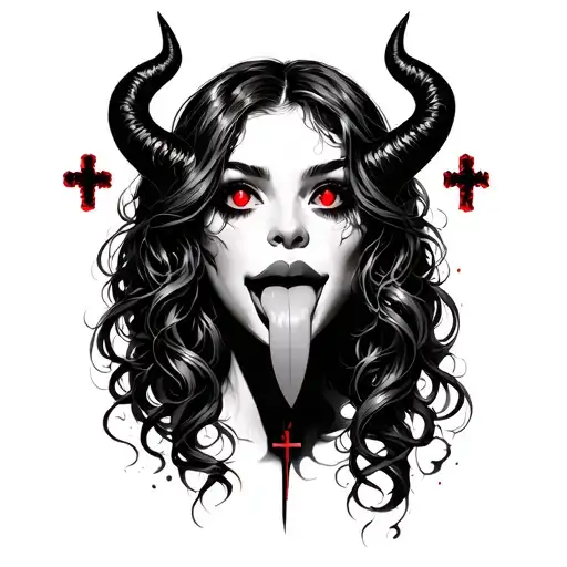 girl tongue, red eyes, devil, cross tattoo design idea