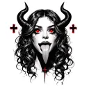 girl tongue, red eyes, devil, cross tattoo design idea