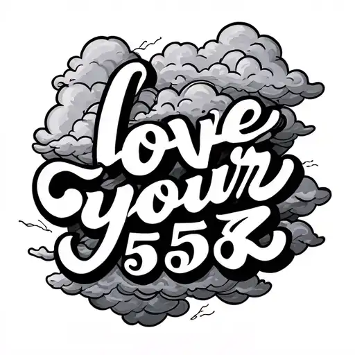forearm cursive tattoo for a man of the words "love yourz" with clouds going all around it and the number 555 tattoo design idea