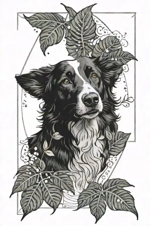 Tarot card with nose of a border collie in the middle surrounded by monstera plant leafs tattoo design idea
