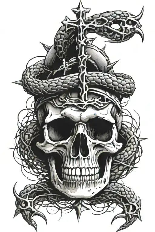 snake through skull in front of cross with crown of thorns on tattoo design idea