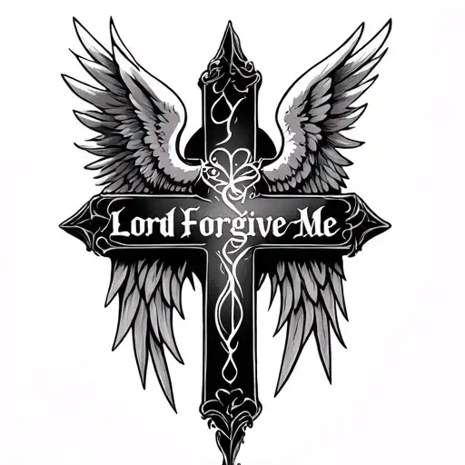 Cross with the words “Lord Forgive Me” in the middle with one angel wing and one devil wing  tattoo design idea