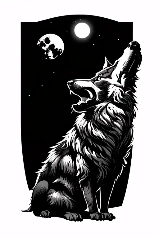 cunning sharp wolf howling at the moon tattoo design idea