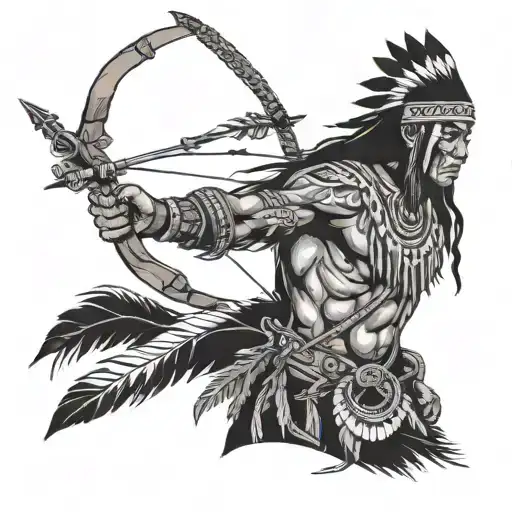 A Native American warrior in traditional attire with a modern twist, holding a rifle instead of a bow and arrow tattoo design idea