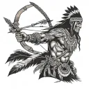 A Native American warrior in traditional attire with a modern twist, holding a rifle instead of a bow and arrow tattoo design idea