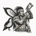 A Native American warrior in traditional attire with a modern twist, holding a rifle instead of a bow and arrow tattoo design idea
