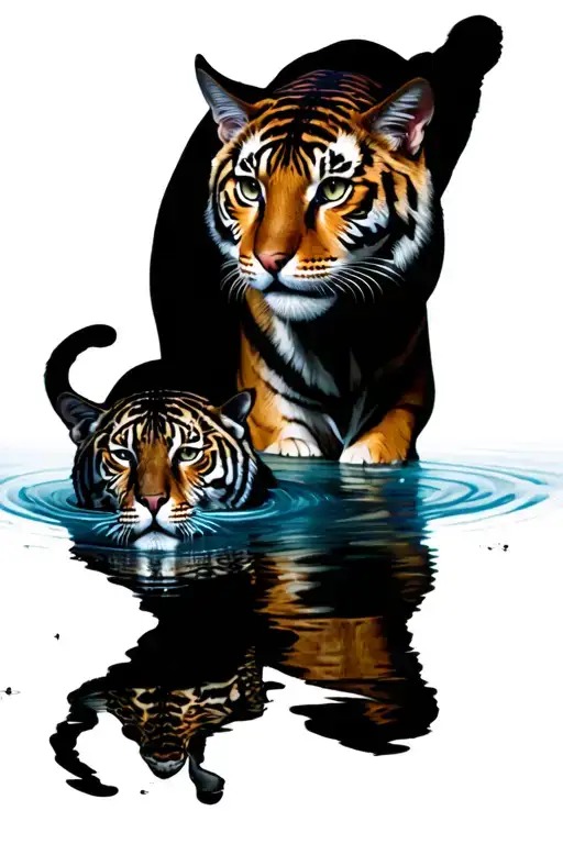 cat and tiger water reflection tattoo design idea