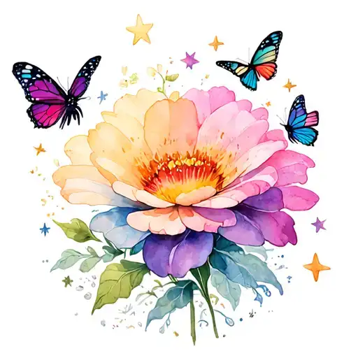 a beautiful fairy-tale flower, surrounded by butterflies and stars tattoo design idea