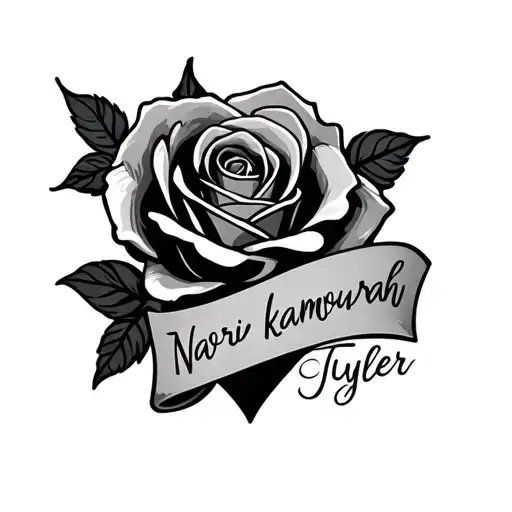 "Naori kamourah Tyler" rose and heart with name written tattoo design idea