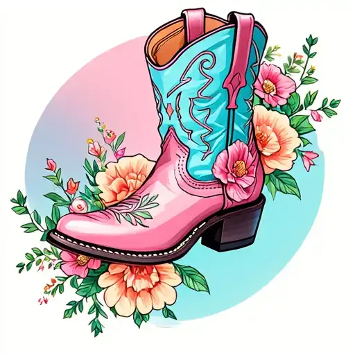 a baby pink and pastel sky blue cowboy boot with cosmo flowers and primerose flowers over flowing out of the top tattoo design idea