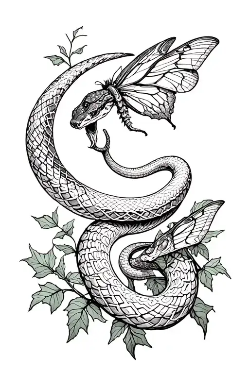snake, moon, ivy, moth tattoo design idea