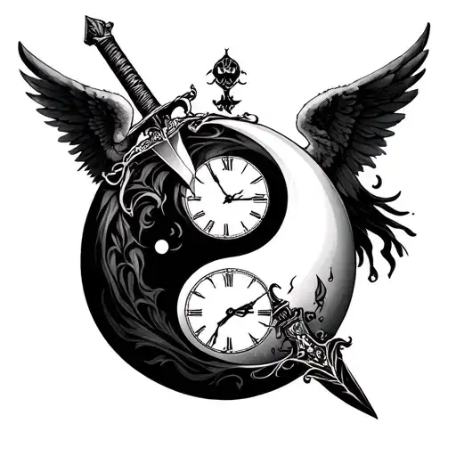 imam ali sword, angel of death and angel, ying yang, time clock tattoo design idea