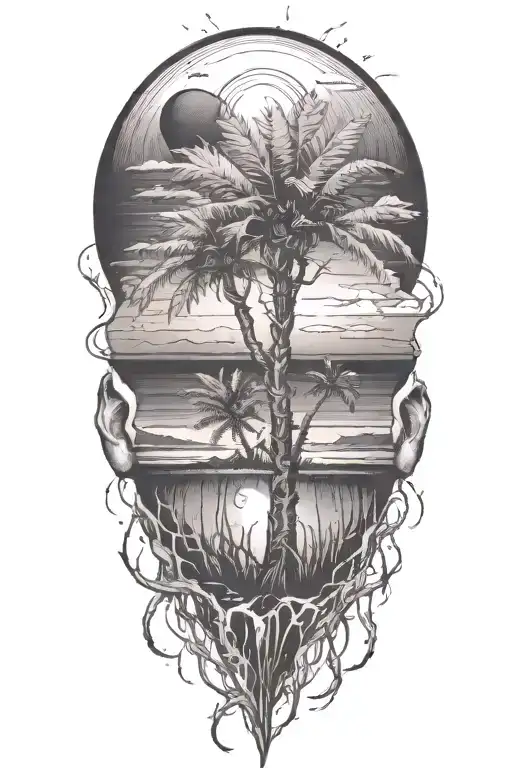 rooted to nature beach sunset palm tree growing skill tattoo design idea