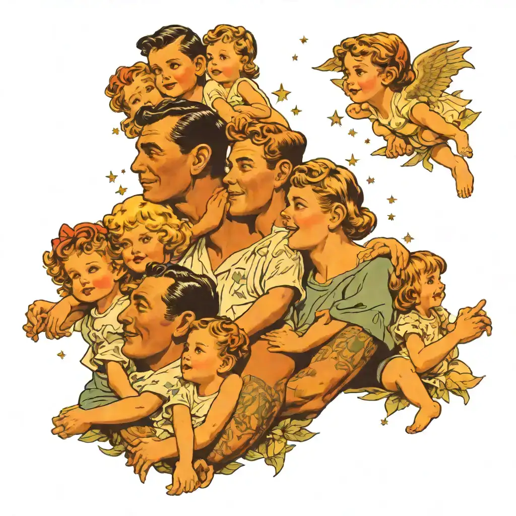 father with 2 daughters watching the skies tattoo design idea