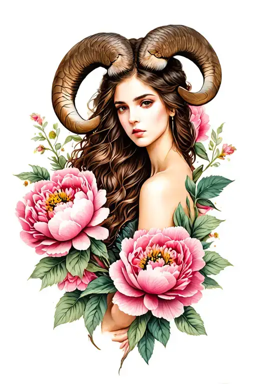 Aries sexy goddess surrounded by peony flowers tattoo design idea