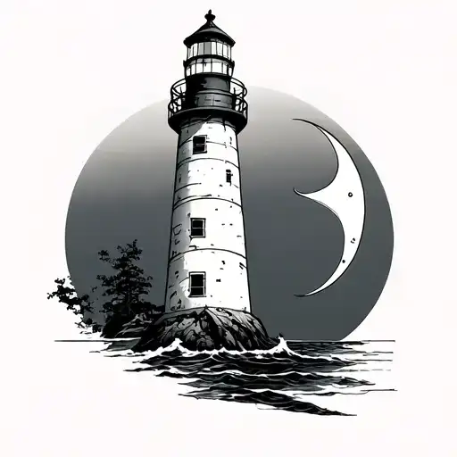 chaotic style lighthouse with crescent moon tattoo design idea