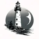 chaotic style lighthouse with crescent moon tattoo design idea