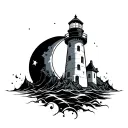 chaotic style lighthouse with crescent moon tattoo design idea