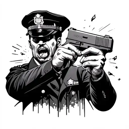 American traditional dark bold lines of a cop with his own Glock in his mouth and he is blowing his brains out tattoo design idea