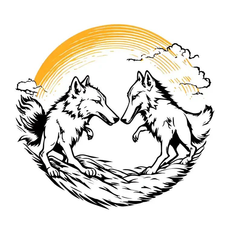 two wolfs chasing the sun tattoo design idea