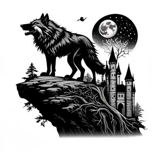 a wolf standing on a cliff on the left facing right, howling at the moon, overlooking a castle and ygdrasil tattoo design idea