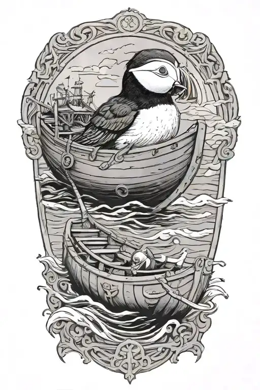 male puffin on a with an old scandinavian viking long boat  tattoo design idea
