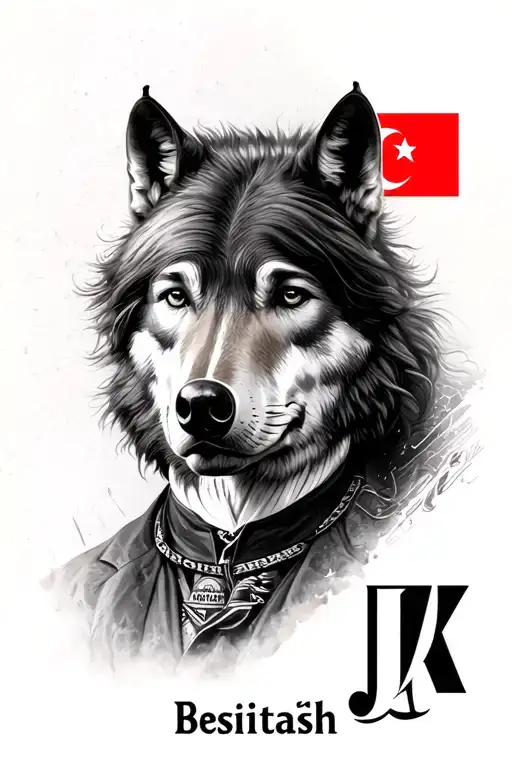 mix of Mustafa kemal Atatürk photo, wolf, turkish flag , Beşiktaş jk logo , horse rider and shadow tattoo design idea