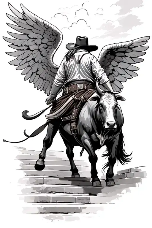 a bull rider with angel wings walking up on stairs to heaven with his back turned tattoo design idea