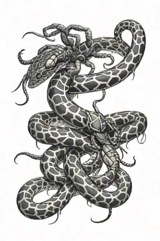 black and white snake with tarantula, cross antichrist tattoo design idea