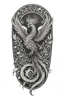 Design a phoenix tattoo with technical elements, incorporating the number 21, a Scottish thistle background, and fire el tattoo design idea