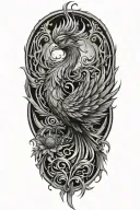 Design a phoenix tattoo with technical elements, incorporating the number 21, a Scottish thistle background, and fire el tattoo design idea