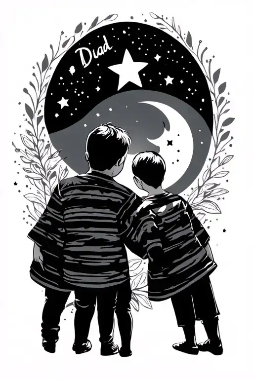 dad and son, with one star and moon, with surname tattoo design idea